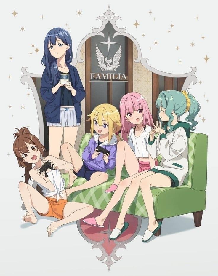 5girls jacket magia_record:_mahou_shoujo_madoka_magica_gaiden mahou_shoujo_madoka_magica multiple_girls orange_shorts pajamas playing_games purple_jacket relaxing shorts sitting sleepover sleepwear spanish_text white_jacket