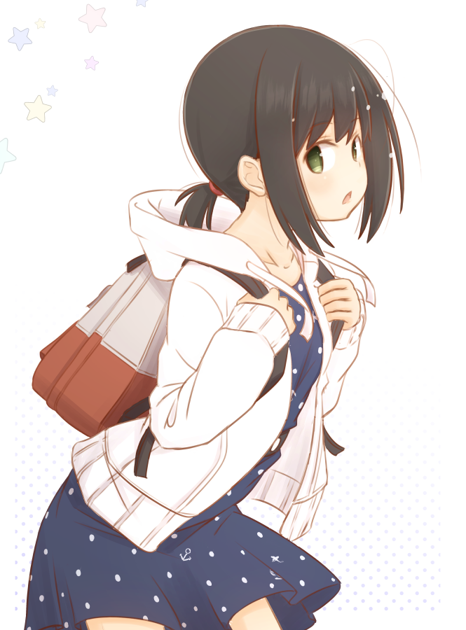 1girl alternate_costume backpack bag black_hair blue_dress chestnut_mouth commentary_request cowboy_shot drawstring dress fubuki_(kantai_collection) fujisaki_yuu green_eyes holding_strap hood hooded_jacket hoodie jacket kantai_collection looking_at_viewer low_ponytail polka_dot polka_dot_dress ponytail short_ponytail sidelocks solo star_(symbol) starry_background white_background white_jacket