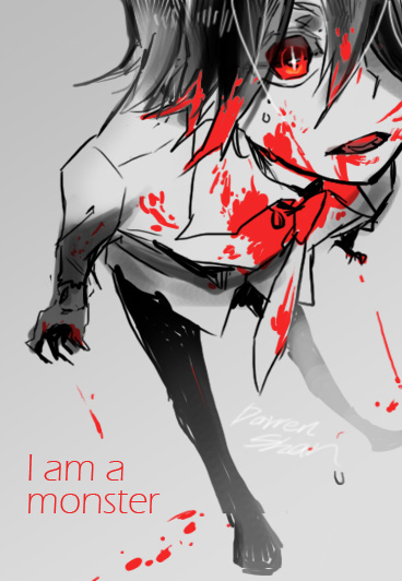 1boy black_hair blood blood_on_face bloody_clothes darren_shan english_text male_focus melay_(khrssc) open_mouth red_eyes short_hair solo the_saga_of_darren_shan