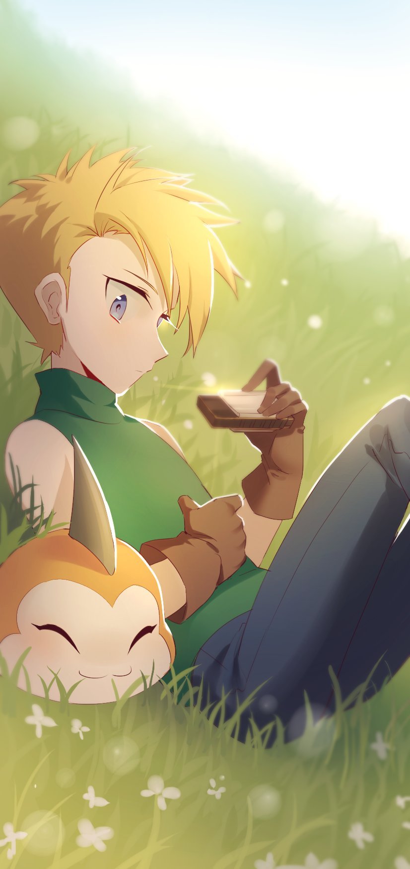 1boy :3 backlighting blonde_hair blue_eyes blue_pants brown_gloves closed_eyes closed_mouth creature day digimon digimon_adventure expressionless flower gloves grass green_shirt harmonica highres holding holding_instrument instrument ishida_yamato looking_at_viewer maro_(lij512) outdoors pants shirt sitting sleeveless sleeveless_shirt tunomon turtleneck