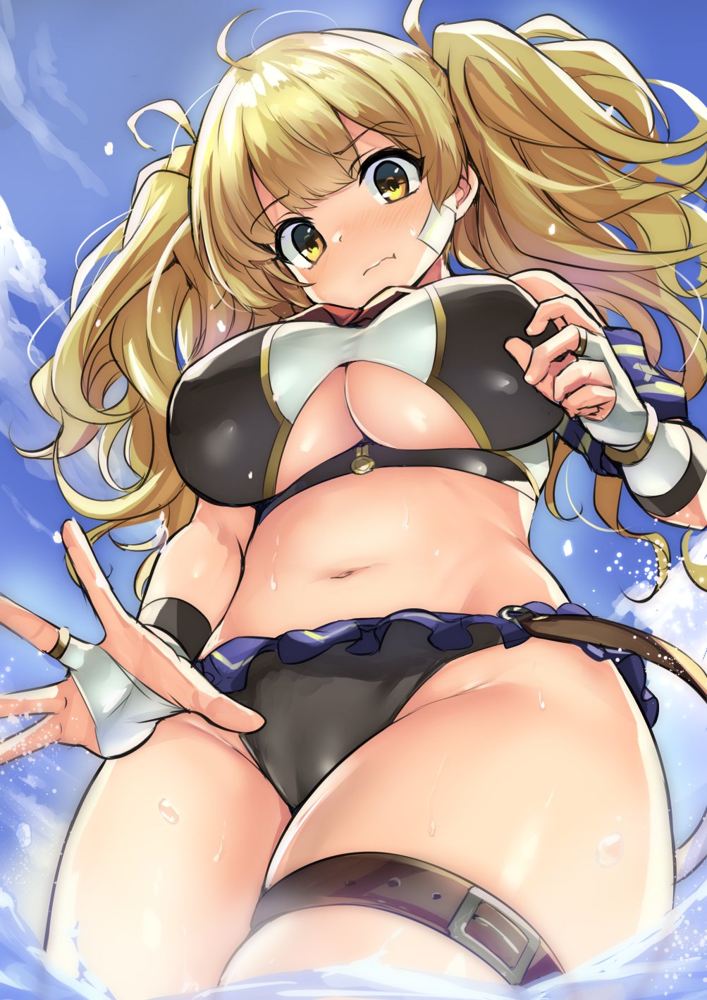 1girl armband bandaid bandaid_on_face blonde_hair breasts brown_eyes granblue_fantasy highres kztk large_breasts long_hair monika_weisswind navel solo swimsuit thigh_strap twintails under_boob wavy_hair