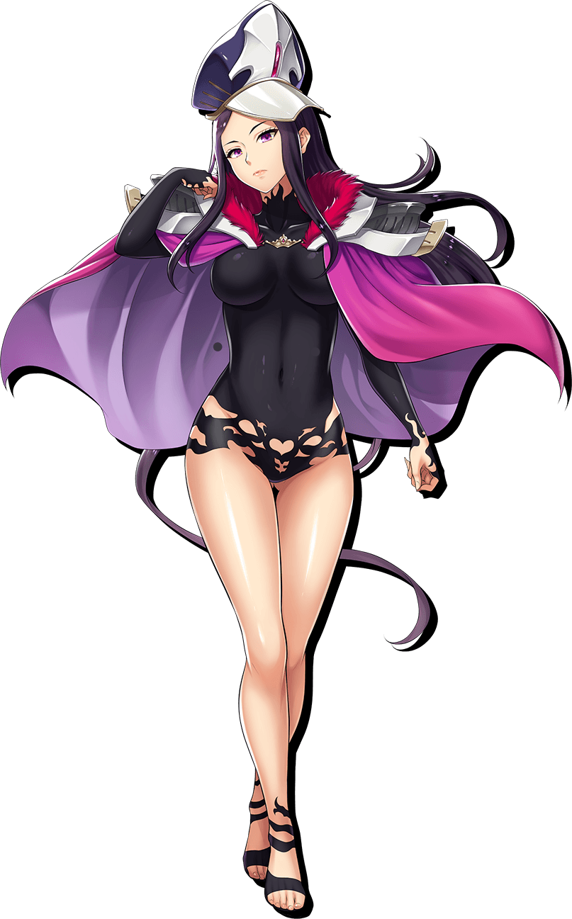 1girl ass_visible_through_thighs black_hair bodysuit breasts cape closed_mouth covered_navel full_body fur_trim hat highres impossible_bodysuit impossible_clothes long_hair looking_at_viewer medium_breasts official_art queen's_blade queen's_blade_white_triangle sidelocks solo tachi-e tattoo taylor_(queen's_blade) thigh_gap violet_eyes