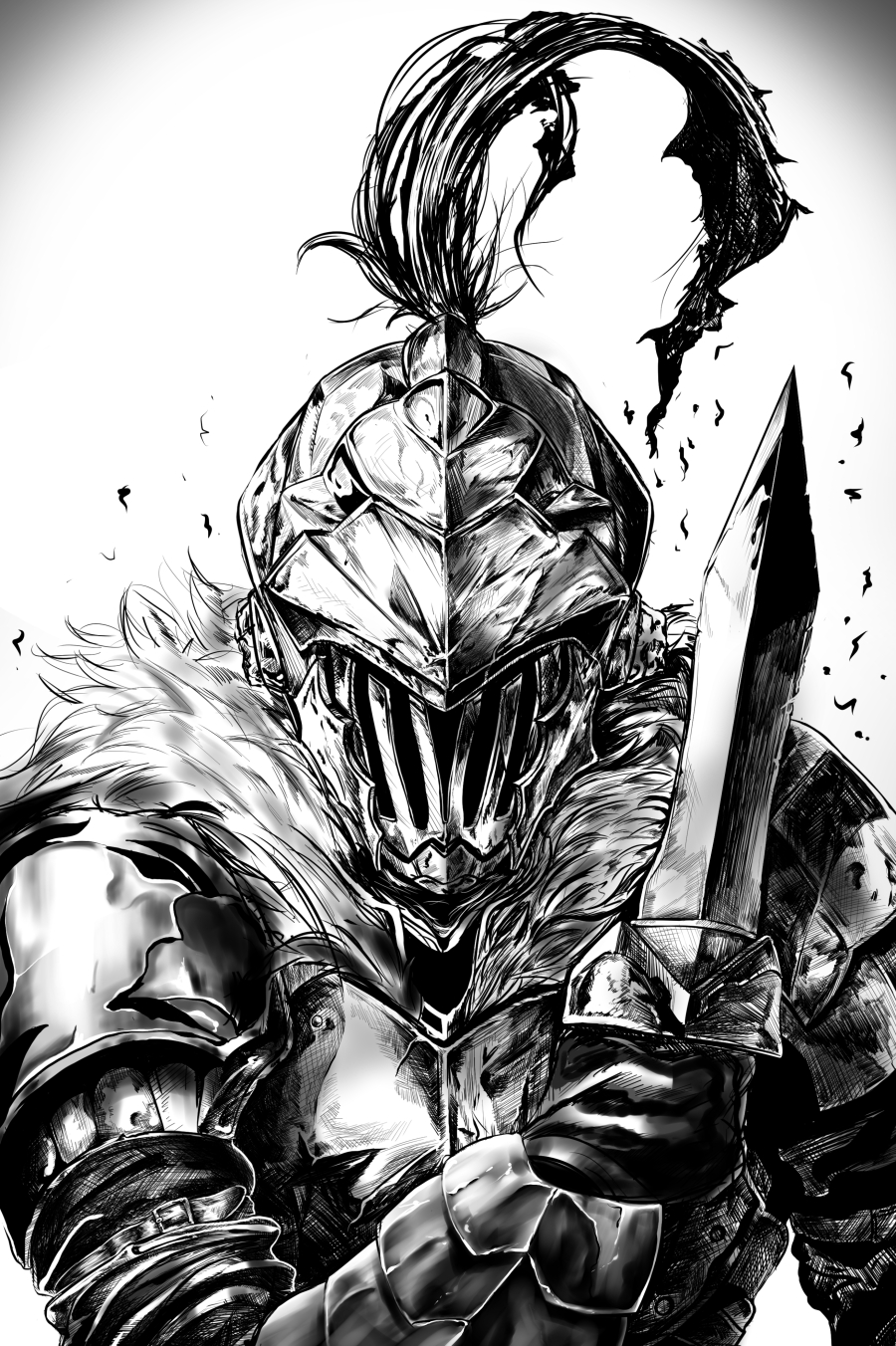1boy armor blood bloody_weapon breastplate facing_viewer fur_trim gimgugnae gloves goblin_slayer goblin_slayer! greyscale hand_up helmet highres holding holding_weapon korean_commentary male_focus monochrome pauldrons plume short_sword shoulder_armor simple_background solo sword upper_body vambraces weapon white_background