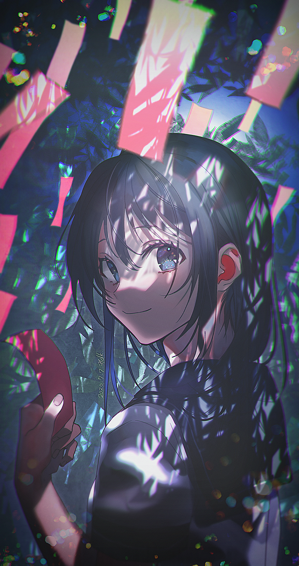 1girl 2020 artist_name backlighting bamboo bamboo_forest black_eyes black_hair black_outline black_sailor_collar blurry blurry_background blurry_foreground chromatic_aberration closed_mouth dappled_sunlight darkness dated depth_of_field eyebrows_visible_through_hair eyelashes fingernails forest haduki_tohru hair_between_eyes hand_up happy highres holding holding_tanzaku leaf lens_flare lens_flare_abuse looking_at_viewer looking_back multicolored multicolored_eyes nature night original outdoors outline sailor_collar school_uniform shaded_face short_sleeves sidelocks smile solo sparkling_eyes sunlight tanabata tanzaku tareme uniform upper_body