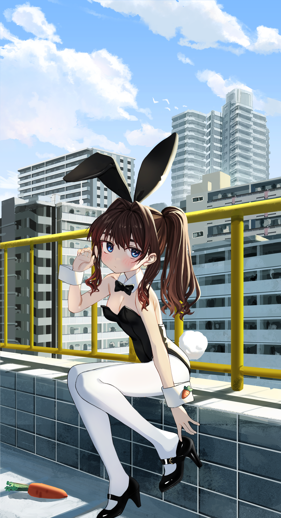 1girl animal_ears black_footwear black_hair black_leotard black_neckwear blue_eyes blue_sky bow bowtie building bunny_tail bunnysuit carrot cityscape clouds commentary day detached_collar high_heels highres leotard long_hair looking_at_viewer luicent original outdoors pantyhose rabbit_ears railing sitting sky solo strapless strapless_leotard tail white_legwear wrist_cuffs