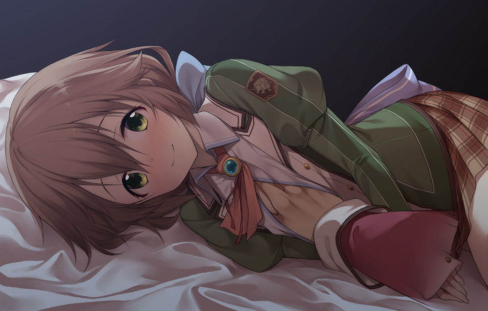 1girl ascot bangs bed_sheet blue_bow bow brown_hair brown_skirt closed_mouth collared_shirt dress_shirt eiyuu_densetsu eyebrows_visible_through_hair green_eyes green_jacket hair_between_eyes hair_bow hakuleg jacket long_hair long_sleeves looking_at_viewer lying miniskirt on_side orange_neckwear partially_unbuttoned plaid plaid_skirt pleated_skirt ponytail pov red_ribbon ribbon sen_no_kiseki shirt skirt smile towa_herschel white_shirt wing_collar