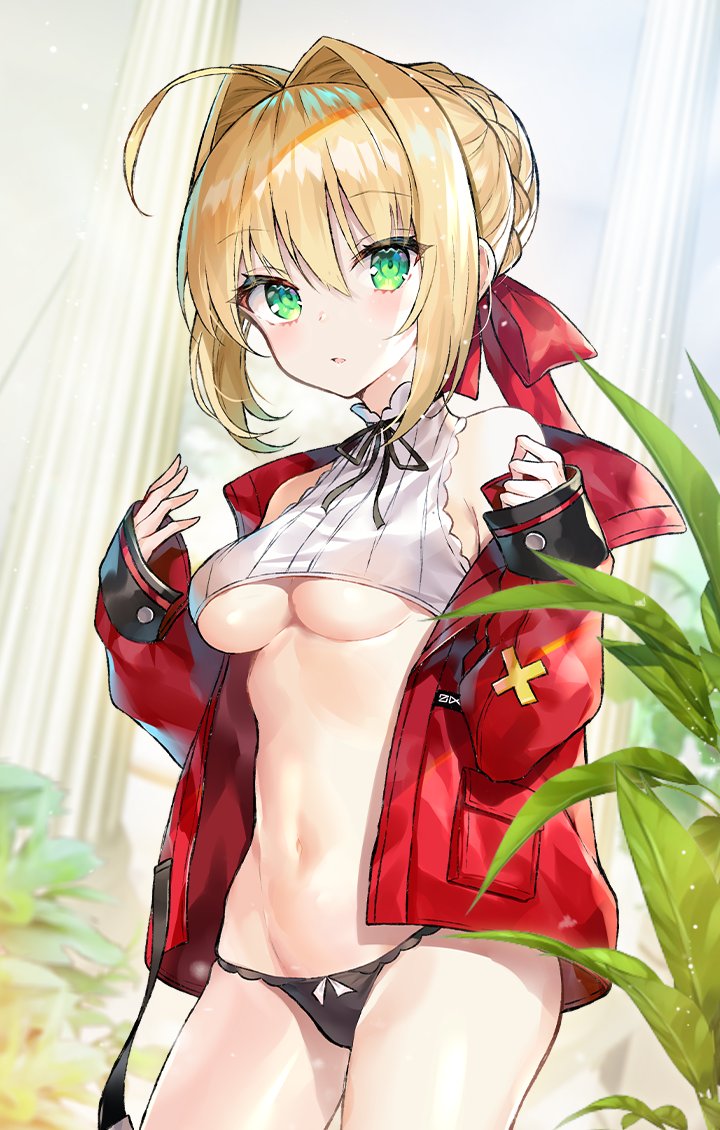 1girl ahoge alternate_costume bangs bare_shoulders blonde_hair blush breasts ero_waifu fate/extra fate_(series) green_eyes hair_bun hair_intakes long_hair long_sleeves looking_at_viewer medium_breasts navel nero_claudius_(fate) nero_claudius_(fate)_(all) thighs under_boob