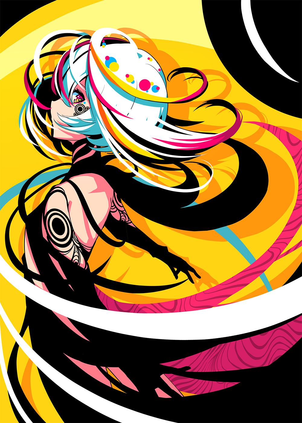 1girl arm_tattoo bangs berryverrine colorful facial_tattoo from_side highres medium_hair multicolored multicolored_background multicolored_eyes multicolored_hair original outline profile solo tattoo