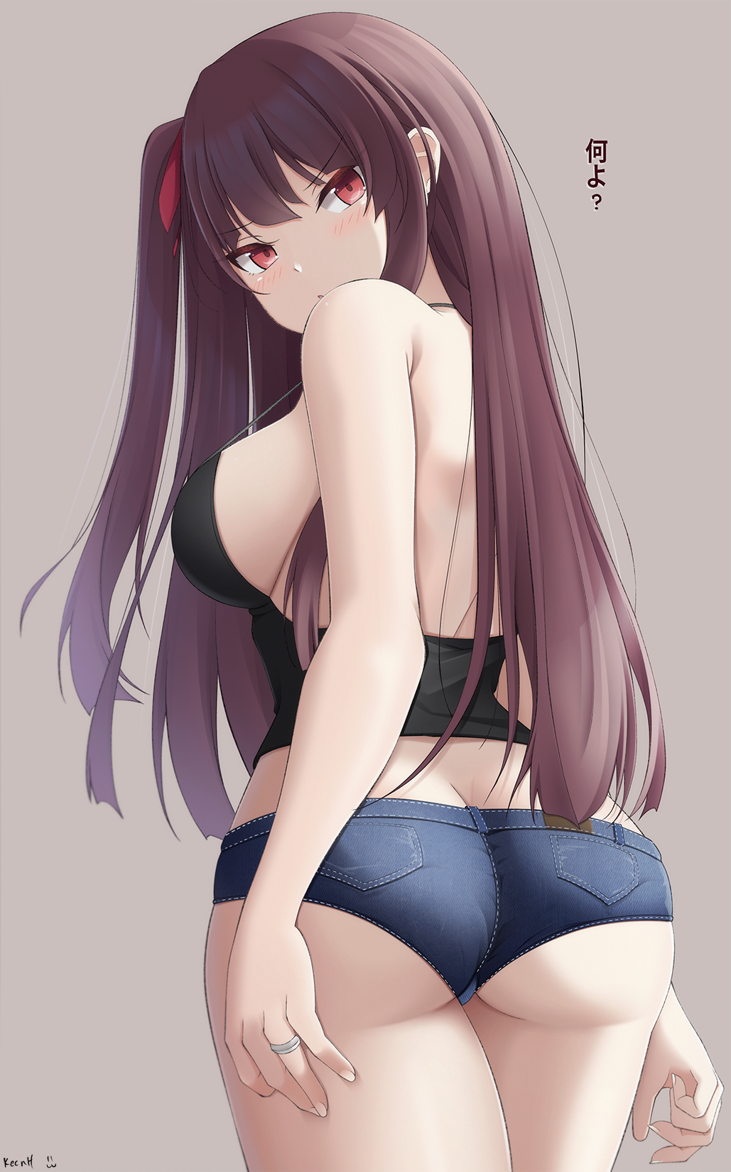 1girl armpit_crease ass back backless_outfit bare_arms bare_shoulders black_shirt blue_shorts breasts camisole cowboy_shot crop_top denim denim_shorts from_behind frown girls_frontline halter_top halterneck highres keenh large_breasts long_hair looking_at_viewer looking_back micro_shorts midriff one_side_up parted_lips purple_hair red_eyes shirt shorts sidelocks sleeveless sleeveless_shirt solo spaghetti_strap strap_gap thighs v-shaped_eyebrows wa2000_(girls_frontline)