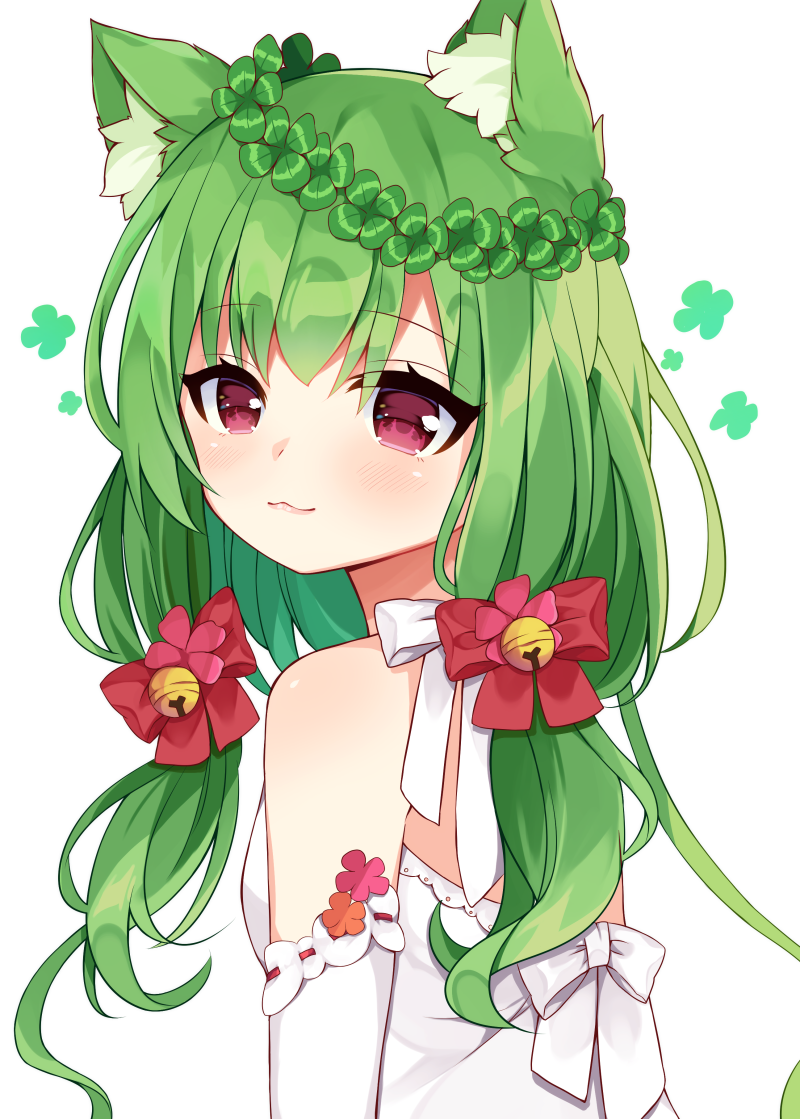 1girl animal_ear_fluff animal_ears bangs bell bow breasts cat_ears clover commentary dress eyebrows_visible_through_hair four-leaf_clover green_hair hair_bell hair_between_eyes hair_bow hair_ornament jingle_bell long_hair looking_at_viewer looking_to_the_side maki_soutoki original red_bow red_eyes simple_background small_breasts solo strapless strapless_dress symbol_commentary upper_body white_background white_bow white_dress