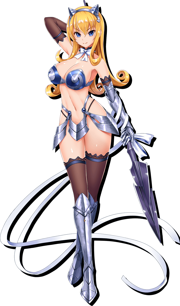 &gt;:) 1girl armor armpits bangs bikini_armor black_legwear black_panties blonde_hair blue_eyes bow bowtie breasts closed_mouth elina full_body gauntlets greaves headgear highleg highleg_panties highres holding holding_weapon large_breasts long_hair looking_at_viewer navel official_art panties polearm queen's_blade queen's_blade_white_triangle sidelocks single_gauntlet smile solo spear tachi-e thigh-highs underwear weapon