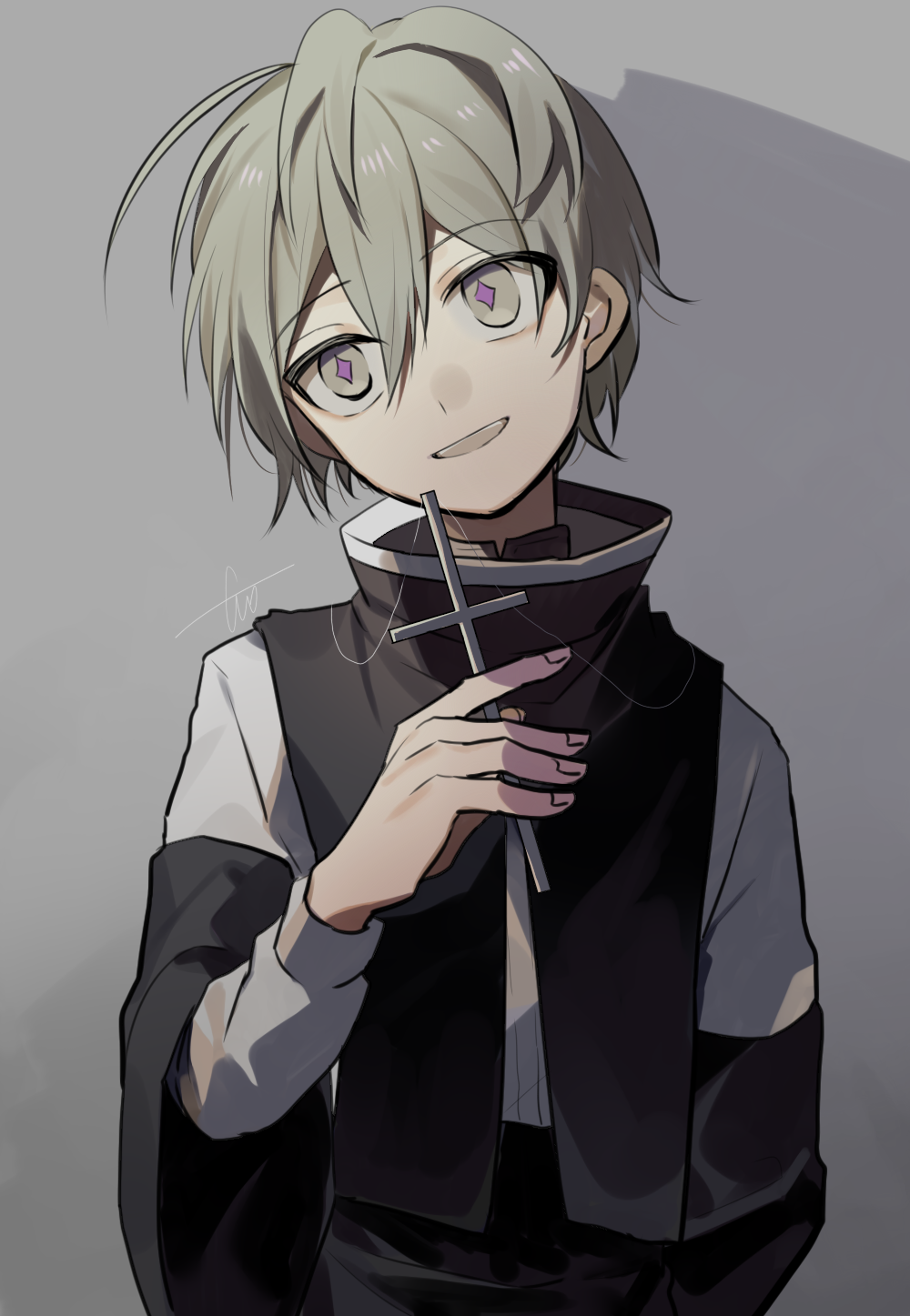 1boy ahoge arm_at_side bangs commentary_request cross cross_necklace grey_background grey_hair hair_between_eyes hand_up highres holding holding_cross huyuharu0214 jewelry long_sleeves looking_at_viewer male_focus necklace open_mouth original shirt short_hair signature smile solo star-shaped_pupils star_(symbol) symbol-shaped_pupils upper_body upper_teeth violet_eyes white_shirt