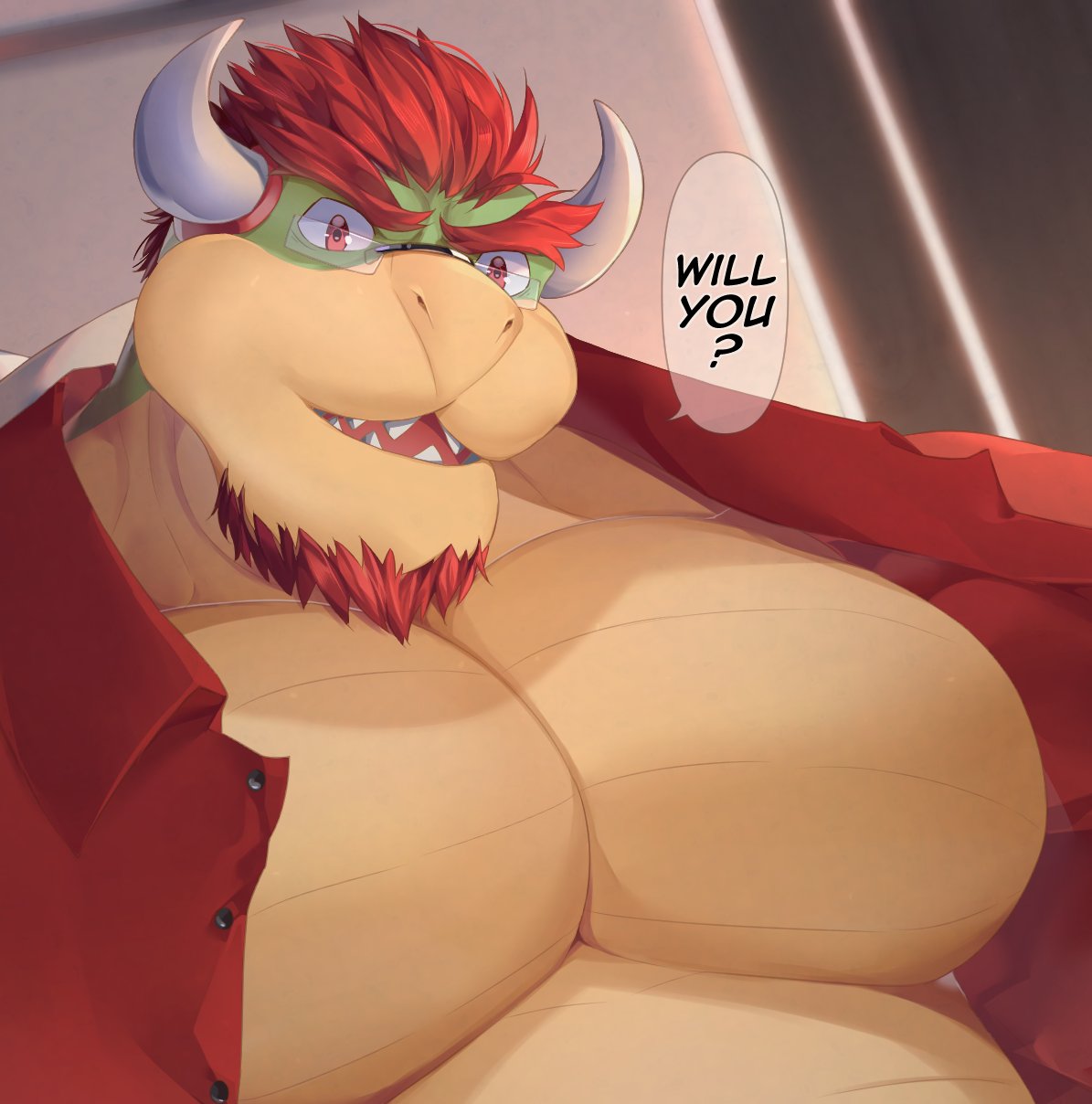 1boy alvedo_vhiich bara bowser chest close-up come_hither english_text facial_hair furry glasses highres horns male_focus manly super_mario_bros. muscle nipples pectorals redhead short_hair smile solo teeth undressing upper_body