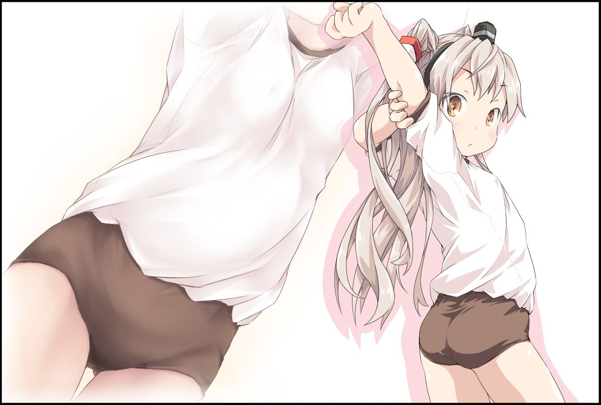 1girl alternate_costume amatsukaze_(kantai_collection) ass brown_buruma brown_eyes buruma commentary_request gym_uniform hair_tubes ham_(points) kantai_collection long_hair looking_at_viewer multiple_views shirt silver_hair simple_background stretch t-shirt two_side_up white_background windsock
