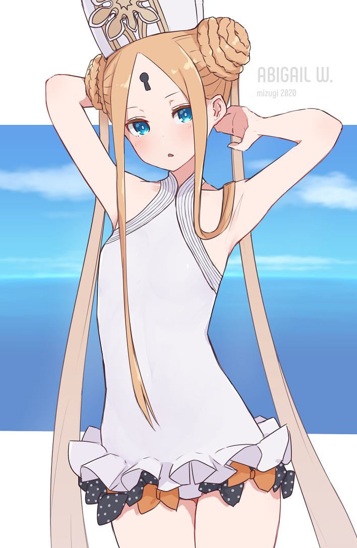 1girl abigail_williams_(fate/grand_order) abigail_williams_(swimsuit_foreigner)_(fate) armpits arms_behind_head arms_up bangs bare_shoulders black_bow blonde_hair blue_eyes blue_sky blush bow braid braided_bun breasts double_bun dress_swimsuit fate/grand_order fate_(series) forehead keyhole kopaka_(karda_nui) long_hair looking_at_viewer mitre multiple_bows ocean open_mouth orange_bow parted_bangs polka_dot polka_dot_bow sidelocks sky small_breasts swimsuit twintails very_long_hair white_headwear white_swimsuit