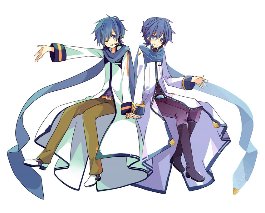 2boys belt blue_eyes blue_hair blue_nails blue_shirt boots brown_pants coat dual_persona grin hand_on_hand headset invisible_chair kaito kaito_(vocaloid3) knee_boots looking_at_viewer male_focus multiple_boys nail_polish one_eye_closed outstretched_arm pants purple_pants shirt sitting smile vocaloid waving white_background white_coat yoshiki zipper