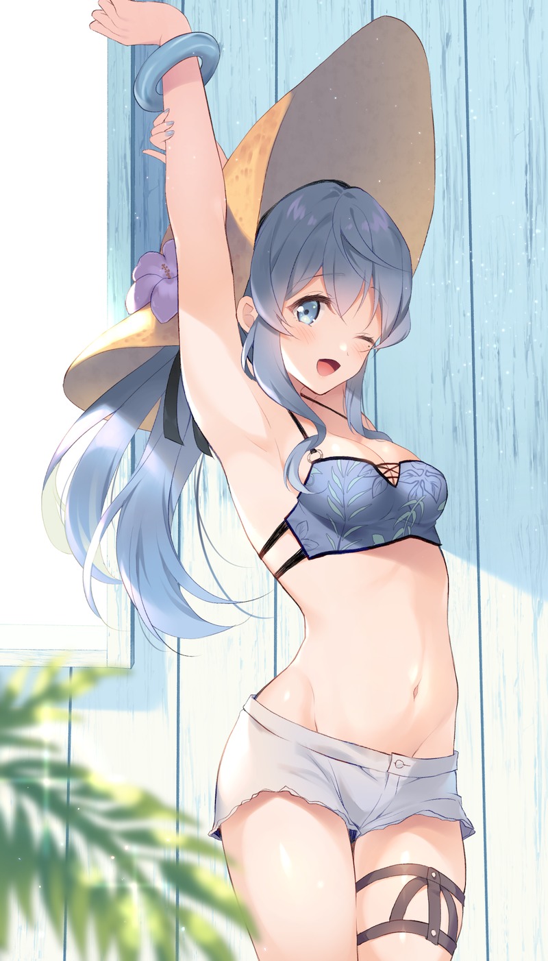 1girl ;d armpits arms_up bangs bare_shoulders bikini bikini_top blue_eyes blue_hair blush breasts commentary_request cowboy_shot eyebrows_visible_through_hair flower gotland_(kantai_collection) groin halterneck hat hat_flower highres kantai_collection komi_zumiko leaf long_hair looking_at_viewer medium_breasts mole mole_under_eye navel one_eye_closed open_mouth short_shorts shorts smile solo sun_hat swimsuit thigh_strap