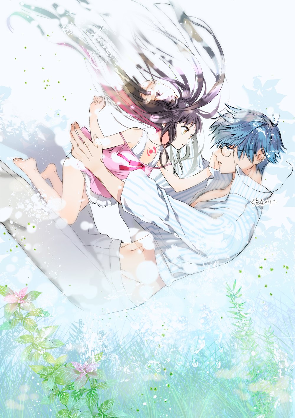 1boy 1girl age_difference barefoot black_hair blue_eyes blue_hair commentary_request eye_contact facial_mark fate/grand_order fate_(series) floating_hair forehead_mark glasses hand_on_another's_cheek hand_on_another's_face hans_christian_andersen_(fate) highres inu_neko_inu looking_at_another navel pants sesshouin_kiara sesshouin_kiara_(lily) shirt soles striped striped_shirt toes yellow_eyes