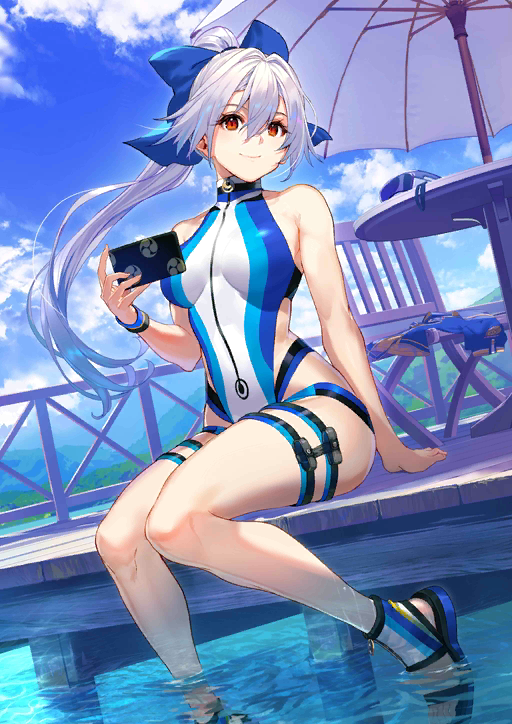 1girl bare_arms bare_legs blue_sky cellphone chair clothes_on_object clouds day deck facing_to_the_side fate/grand_order fate_(series) hair_between_eyes holding holding_phone in_water long_hair looking_at_viewer multicolored multicolored_clothes multicolored_footwear multicolored_swimsuit official_art one-piece_swimsuit parasol phone red_eyes sandals sitting sky smartphone smile solo swimsuit table tomoe_gozen_(fate/grand_order) umbrella white_hair