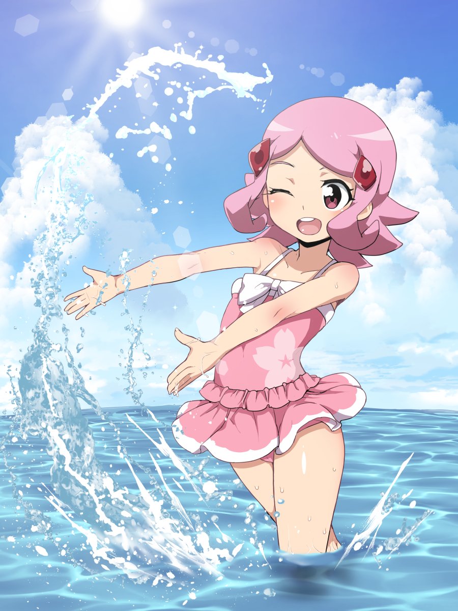 1girl casual_one-piece_swimsuit cherry_blossom_print clouds cute floral_print hair_ornament highres nintendo ocean one-piece_swimsuit one_eye_closed open_mouth outdoors outstretched_arms pink_eyes pink_hair pink_skirt pink_swimsuit puzzle_&amp;_dragons short_hair skirt sky smile solo splashing summer sun swimsuit swimsuit_skirt thighs uzuki_sakura wading water zootan