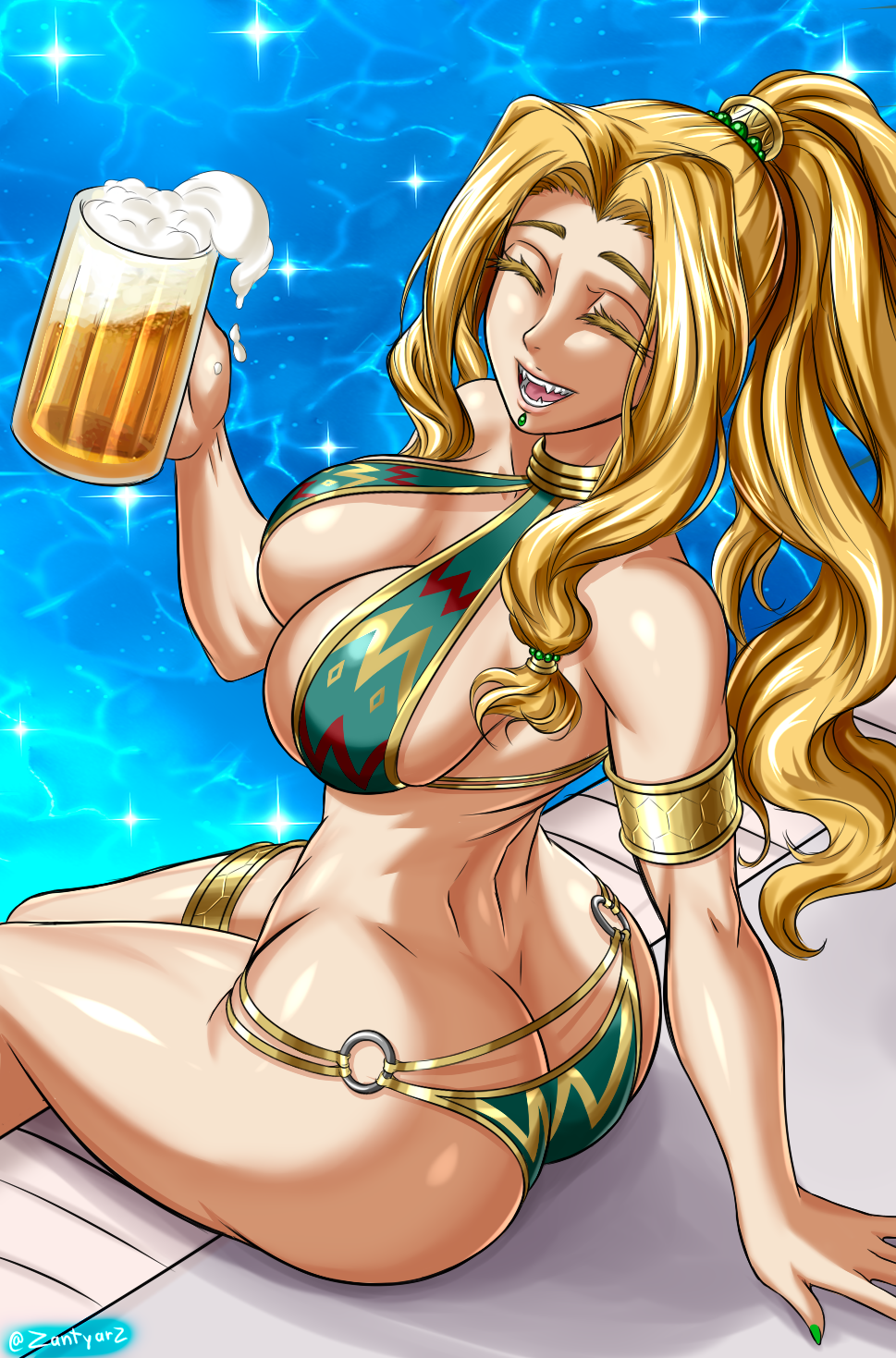 1girl alternate_costume alternate_hairstyle armlet ass aztec bare_shoulders beer_mug bikini blonde_hair breasts chin_piercing cup english_commentary fate/grand_order fate_(series) green_bikini highres long_hair mug multicolored multicolored_clothes open_mouth ponytail pool poolside quetzalcoatl_(fate/grand_order) smile solo swimsuit thigh_strap thighlet water wide_hips zantyarz