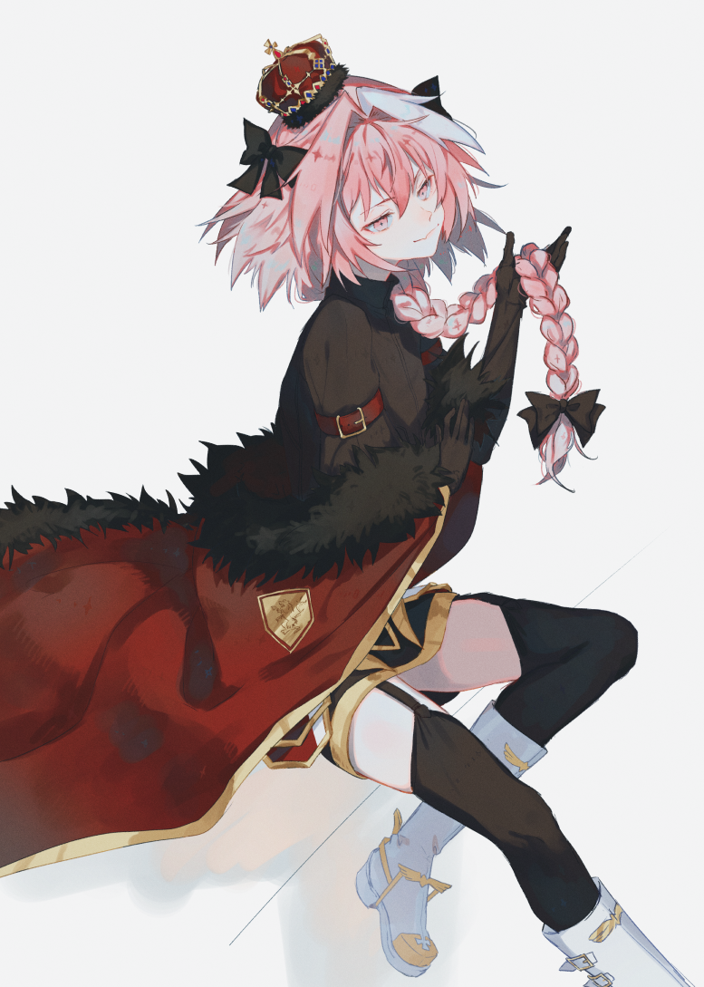 1boy armor armored_dress astolfo_(fate) black_bow black_dress black_legwear boots bow braid cloak closed_mouth dress fate/apocrypha fate/grand_order fate_(series) full_body fur-trimmed_cloak fur_trim hair_bow hair_intakes light_smile long_braid long_hair long_sleeves looking_to_the_side male_focus multicolored_hair otoko_no_ko pink_eyes pink_hair simple_background single_braid sitting smile solo streaked_hair thigh-highs white_background white_cloak white_footwear yuno_tsuitta