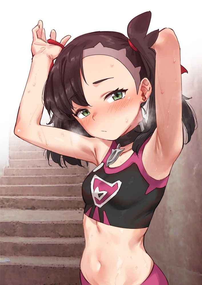 1girl adjusting_hair armpits arms_up asymmetrical_bangs bangs black_choker black_hair blush breasts choker closed_mouth commentary_request eyebrows_visible_through_hair green_eyes hair_ribbon looking_at_viewer mary_(pokemon) medium_breasts midriff mohe_(ichi170) navel pokemon pokemon_(game) pokemon_swsh red_ribbon ribbon short_hair solo sportswear sweat undercut