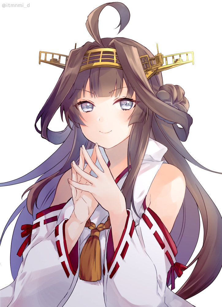 &gt;:) 1girl ahoge bare_shoulders brown_hair closed_mouth detached_sleeves double_bun eyebrows_visible_through_hair grey_eyes japanese_clothes kantai_collection kongou_(kantai_collection) long_hair nontraditional_miko ribbon-trimmed_sleeves ribbon_trim saiki_yuzuri simple_background smile solo twitter_username upper_body v-shaped_eyebrows white_background wide_sleeves