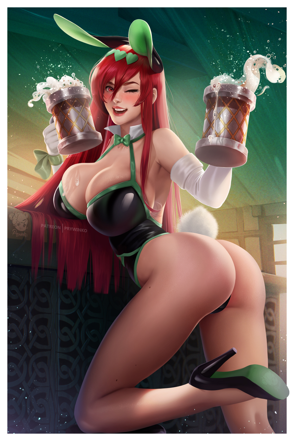 1girl animal_ears ass beer_mug blush breasts bunny_girl bunny_tail cup day elbow_gloves erza_scarlet fairy_tail gloves hair_between_eyes heart high_heels highres huge_breasts indoors mole mole_on_thigh mug olga_narhova one_eye_closed open_mouth patreon_username rabbit_ears red_eyes redhead smile solo tail teeth