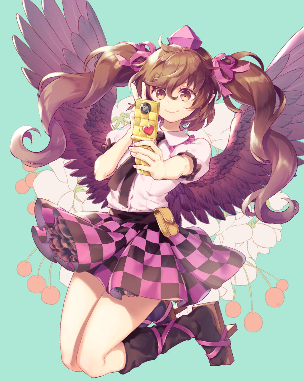 1girl black_wings brown_hair cellphone checkered checkered_skirt geta hat highres himekaidou_hatate looking_at_viewer phone simple_background skirt smile solo tengu-geta tokin_hat tomobe_kinuko touhou twintails v wings