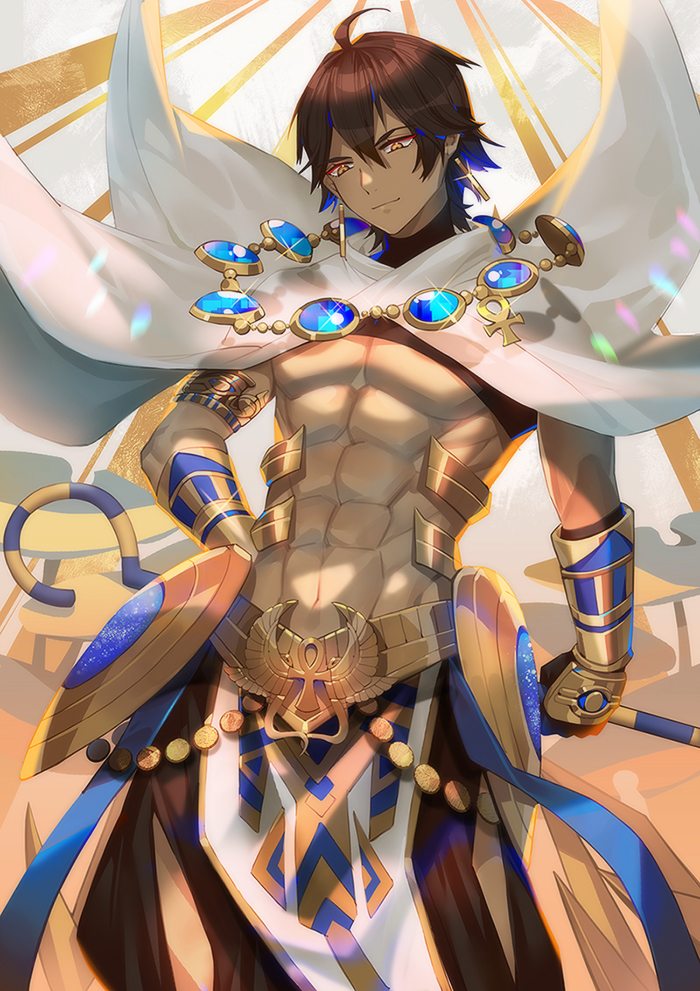 1boy abs ahoge balusah black_gloves brown_hair cape dark_skin dark_skinned_male egyptian egyptian_clothes fate/grand_order fate/prototype fate/prototype:_fragments_of_blue_and_silver fate_(series) gauntlets gloves hair_between_eyes holding holding_staff jewelry light_smile looking_down male_focus muscle necklace ozymandias_(fate) shirtless shrug_(clothing) smile solo staff standing white_cape yellow_eyes