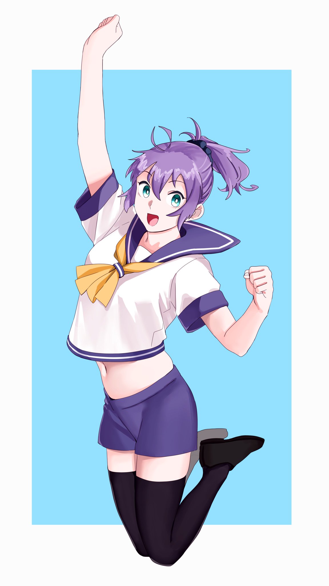 1girl aoba_(kantai_collection) aqua_background black_legwear blue_eyes blue_scrunchie border commentary full_body hair_ornament hair_scrunchie highres jumping kantai_collection looking_at_viewer navel neckerchief ojipon ponytail purple_hair purple_sailor_collar purple_shorts raised_fist sailor_collar school_uniform scrunchie serafuku shorts solo thigh-highs two-tone_background white_border yellow_neckwear