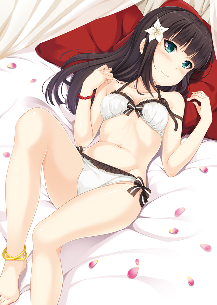 1girl anklet bed bikini blush bracelet breasts brown_hair curtains eyebrows_visible_through_hair flower green_eyes hair_flower hair_ornament hino_minato_(spec.c) jewelry kurosawa_dia long_hair looking_at_viewer love_live! love_live!_sunshine!! lying mole navel on_back petals pillow side-tie_bikini smile solo swimsuit torikoriko_please!! white_bikini