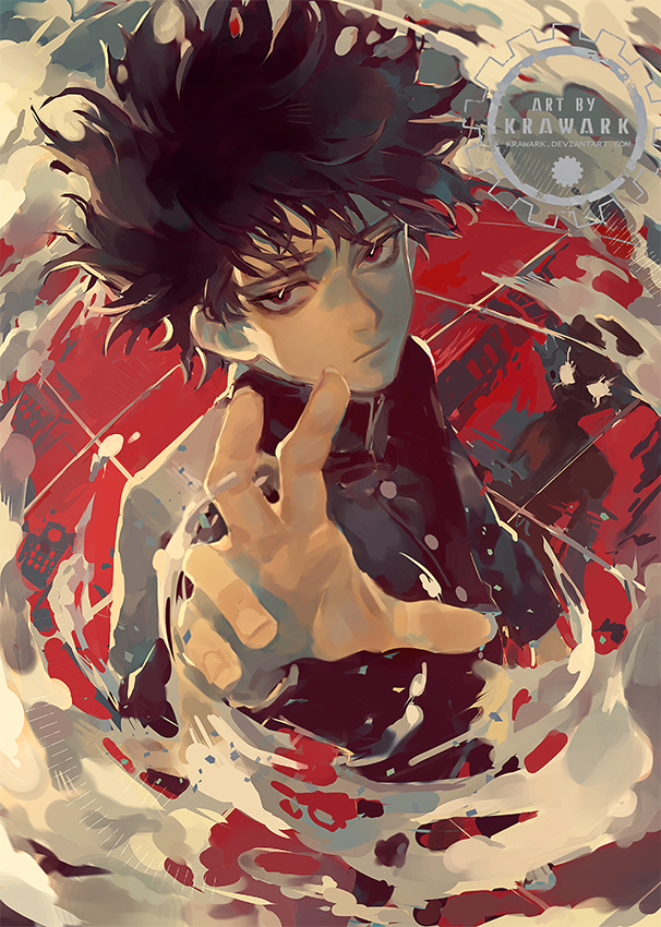 1boy artist_name black_eyes black_hair buttons closed_mouth commentary floating_hair gakuran glowing glowing_eyes hand_up kageyama_shigeo long_sleeves looking_at_viewer male_focus messy_hair mob_psycho_100 outstretched_hand reaching_out red_background red_eyes renos school_uniform short_hair silhouette smoke solo upper_body watermark web_address white_eyes