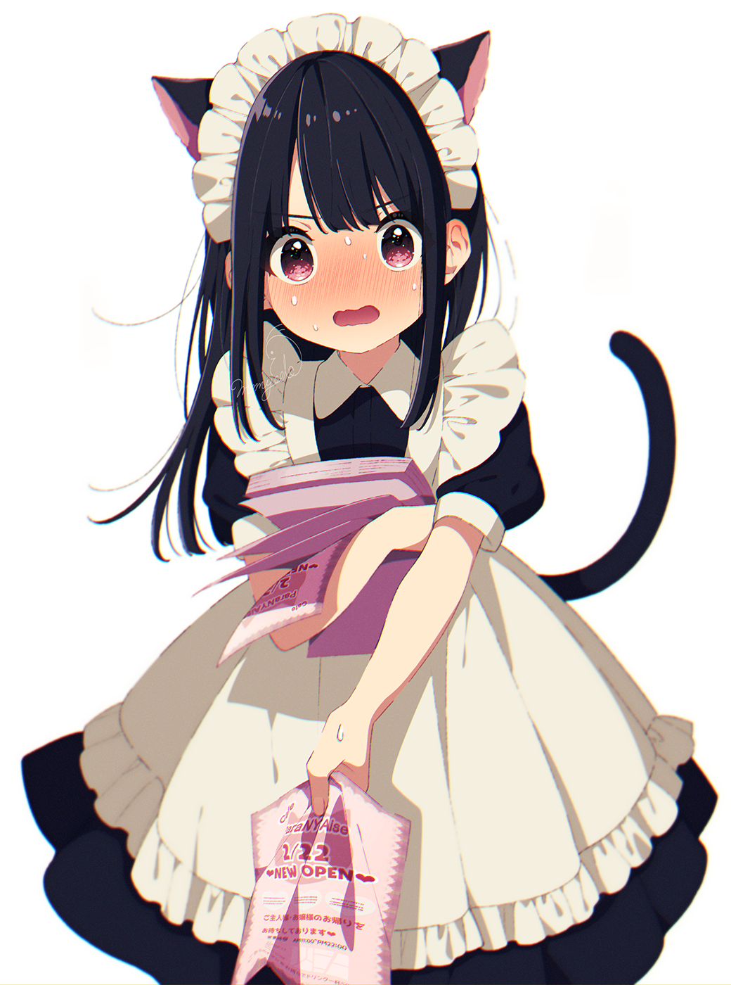 1girl animal_ears apron bangs black_dress black_hair blush cat_ears cat_girl cat_tail collared_dress commentary dress eyebrows_visible_through_hair flyer frilled_apron frills heart highres holding long_hair looking_at_viewer maid maid_apron maid_headdress mamyouda nose_blush original puffy_short_sleeves puffy_sleeves red_eyes short_sleeves signature simple_background solo sweat tail very_long_hair white_apron white_background