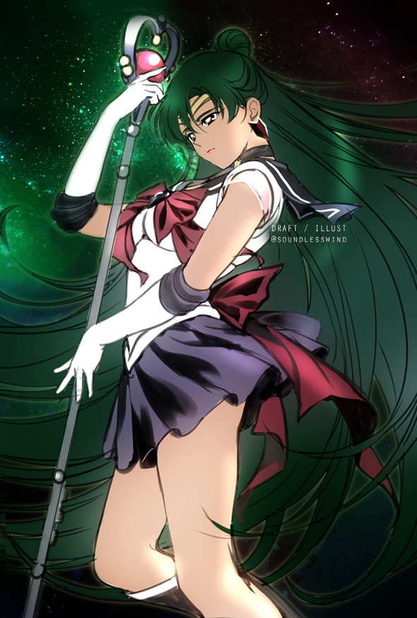 1girl artist_name back_bow bangs bishoujo_senshi_sailor_moon black_choker boots bow breasts brooch choker circlet closed_mouth commentary earrings elbow_gloves english_commentary feet_out_of_frame garnet_rod gloves green_hair hair_bun heart holding holding_staff jewelry kaze-hime knee_boots long_hair magical_girl meiou_setsuna purple_skirt red_bow sailor_collar sailor_pluto sailor_senshi_uniform sketch skirt sky solo staff star_(sky) starry_sky very_long_hair white_gloves work_in_progress