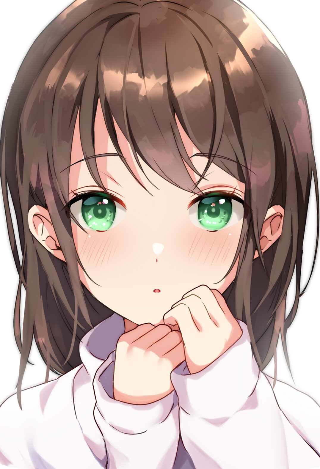 1girl :o bangs blush brown_hair commentary_request derori eyebrows_visible_through_hair green_eyes hands_up highres long_sleeves looking_at_viewer original parted_lips simple_background sleeves_past_wrists solo sweater white_background white_sweater