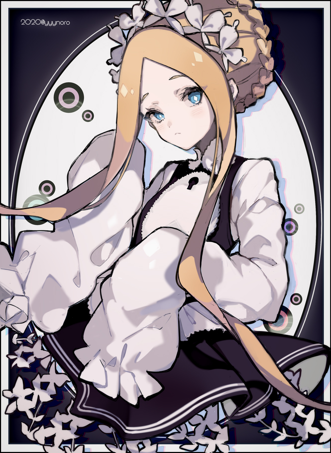 1girl abigail_williams_(fate/grand_order) bangs black_dress blonde_hair blue_eyes blush border braid butterfly_hair_ornament captain_yue closed_mouth dress fate/grand_order fate_(series) hair_ornament long_hair long_sleeves looking_at_viewer parted_bangs pleated_dress shirt sidelocks sleeveless sleeveless_dress sleeves_past_fingers sleeves_past_wrists solo twitter_username very_long_hair white_border white_shirt