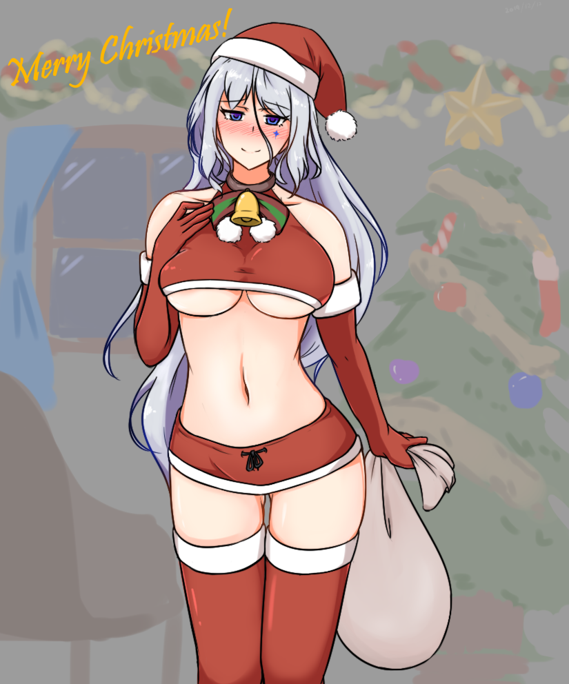 1girl ass_visible_through_thighs bangs bare_shoulders bell bell_collar blue_eyes blush breasts christmas christmas_ornaments christmas_tree collar commentary_request cowboy_shot diamond_(shape) elbow_gloves english_text eyebrows_visible_through_hair facial_tattoo fur-trimmed_gloves fur-trimmed_headwear fur-trimmed_legwear fur_trim gloves hair_between_eyes hat holding holding_sack jitome large_breasts long_hair merry_christmas microskirt midriff mosa331 navel red_headwear red_legwear sack santa_costume santa_gloves santa_hat silver_hair skirt smile solo standing tattoo thigh-highs thigh_gap under_boob very_long_hair warship_girls_r washington_(warship_girls_r) zettai_ryouiki