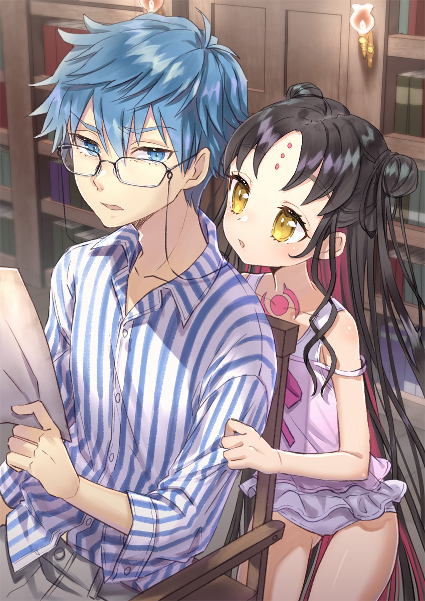 1boy 1girl 90kyuuri :o bangs black_hair blue_eyes blue_hair buttons collared_shirt commentary_request double_bun eyebrows_visible_through_hair eyelashes facial_mark fate/grand_order fate_(series) forehead_mark glasses hans_christian_andersen_(fate) highres holding holding_paper indoors long_hair looking_to_the_side paper parted_bangs sesshouin_kiara sesshouin_kiara_(lily) shirt sitting striped striped_shirt vertical-striped_shirt vertical_stripes wooden_chair yellow_eyes