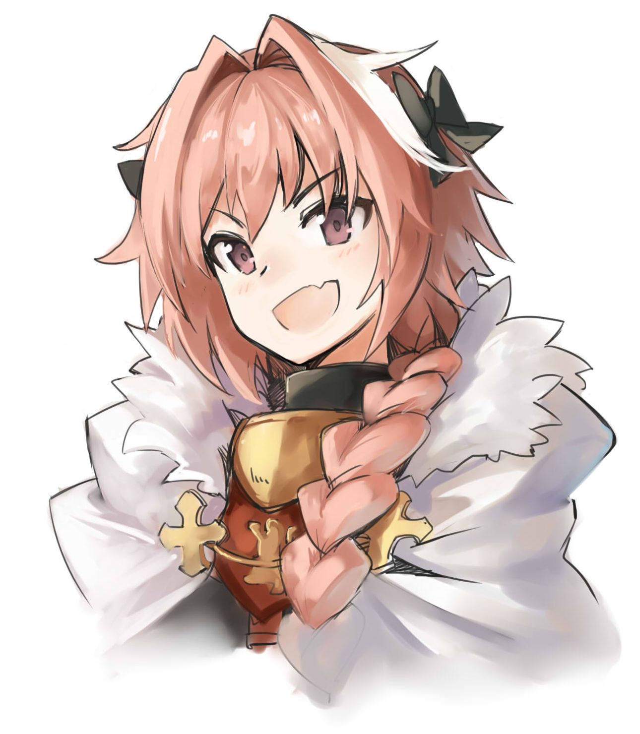 1boy armor astolfo_(fate) black_bow bow braid cloak darkers eyebrows eyebrows_visible_through_hair fang fate/apocrypha fate/grand_order fate_(series) fur-trimmed_cloak fur_trim gorget hair_bow hair_intakes happy highres long_braid long_hair looking_at_viewer male_focus multicolored_hair open_mouth otoko_no_ko pink_hair simple_background single_braid smile solo streaked_hair upper_body violet_eyes white_background white_cloak