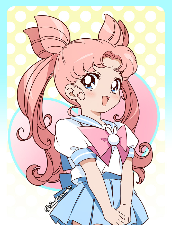 1girl :d bangs bishoujo_senshi_sailor_moon blue_eyes blue_sailor_collar blue_skirt bow bowtie child cowboy_shot double_bun eyebrows_visible_through_hair kaze-hime long_hair looking_at_viewer open_mouth own_hands_together pink_bow pink_hair pink_neckwear pleated_skirt polka_dot polka_dot_background puffy_short_sleeves puffy_sleeves sailor_collar school_uniform serafuku short_sleeves skirt smile solo tsukino_kousagi twintails twitter_username