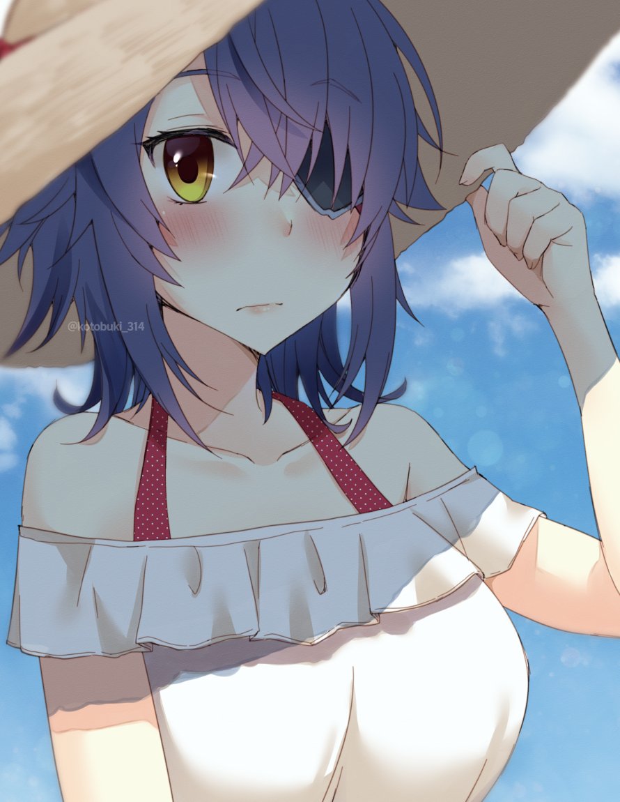 1girl adjusting_headwear alternate_costume bare_shoulders blush breasts closed_mouth collarbone dress eyebrows_visible_through_hair eyepatch hair_over_one_eye hat kantai_collection kotobuki_(momoko_factory) large_breasts looking_at_viewer messy_hair off-shoulder_dress off_shoulder purple_hair short_hair solo sun_hat tenryuu_(kantai_collection) twitter_username upper_body white_dress
