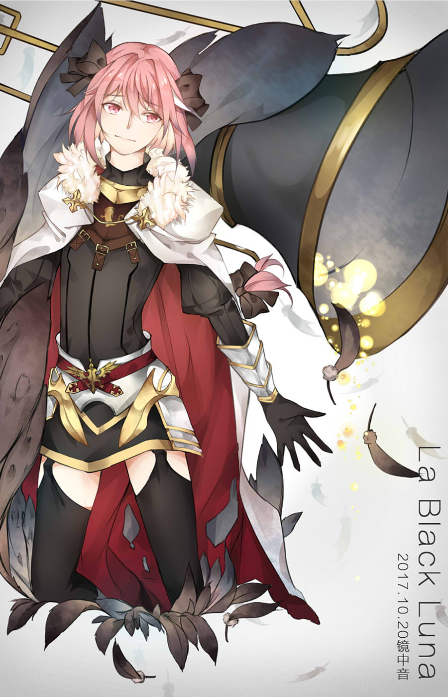 1boy armor armored_dress astolfo_(fate) black_bow black_dress black_legwear bow braid cloak dated dress eyebrows eyebrows_visible_through_hair fang fate/apocrypha fate/grand_order fate_(series) feathers fur-trimmed_cloak fur_trim gauntlets gorget hair_bow hair_intakes highres jingzhongyin long_braid long_hair long_sleeves looking_to_the_side male_focus multicolored_hair open_mouth otoko_no_ko pink_hair puffy_sleeves simple_background single_braid solo streaked_hair thigh-highs violet_eyes white_background white_cloak