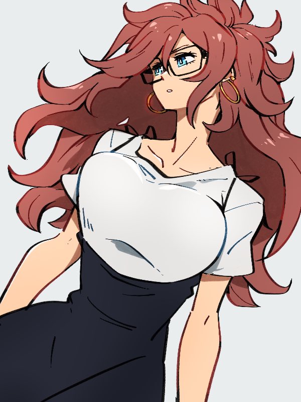 1girl alternate_costume android_21 black-framed_eyewear breasts collarbone dragon_ball dragon_ball_fighterz dress earrings glasses grey_background hair_between_eyes hoop_earrings jewelry kemachiku large_breasts long_hair looking_away looking_to_the_side redhead short_sleeves simple_background solo