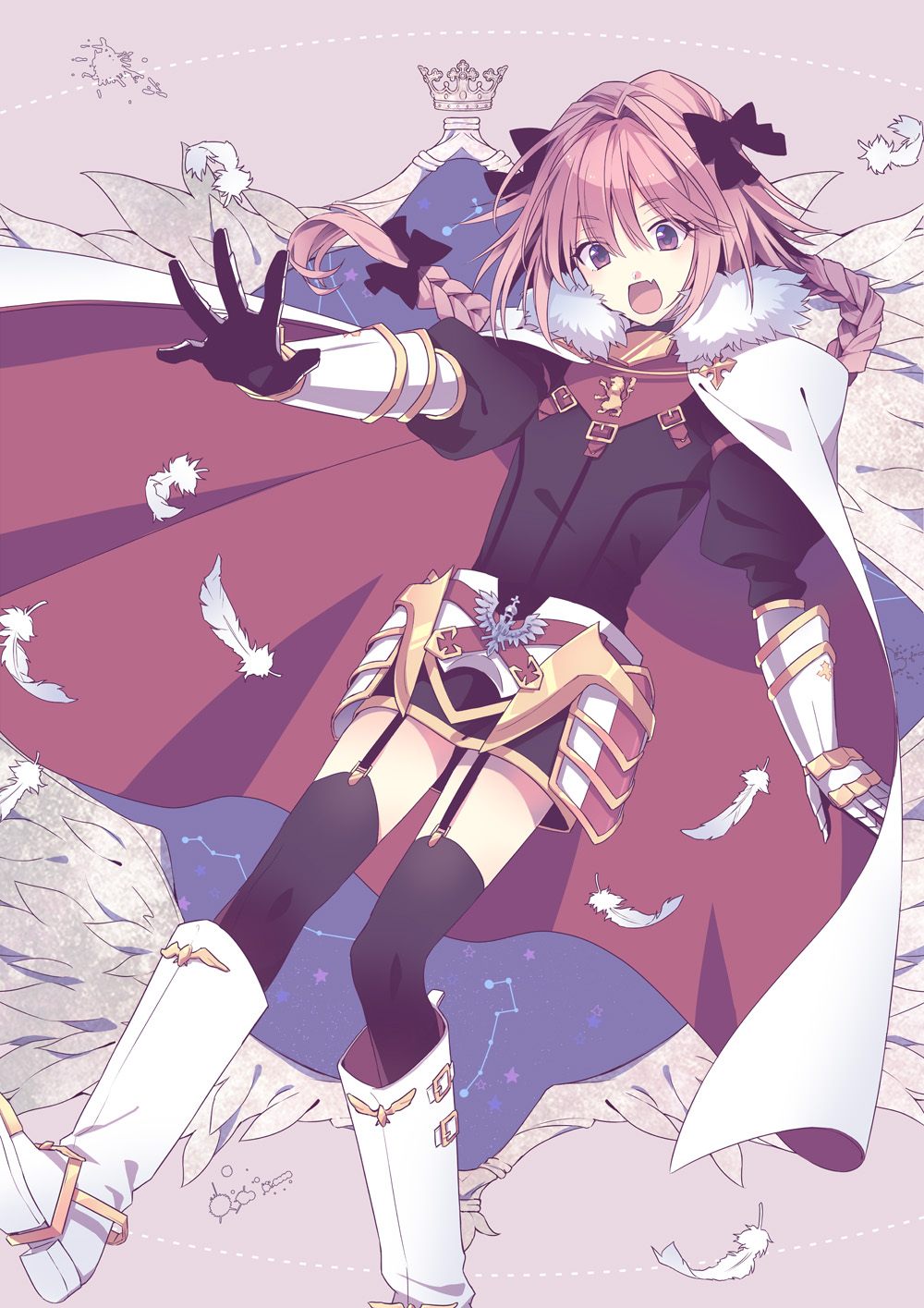 1boy armor armored_dress astolfo_(fate) black_bow black_dress black_legwear bow braid cloak dress eyebrows eyebrows_visible_through_hair fang fate/apocrypha fate/grand_order fate_(series) feathers full_body fur-trimmed_cloak fur_trim gauntlets gorget hair_bow hair_intakes happy highres long_braid long_hair long_sleeves male_focus multicolored_hair open_mouth otoko_no_ko pink_background pink_hair puffy_sleeves satou_iruno shoes simple_background single_braid smile solo streaked_hair thigh-highs violet_eyes white_cloak white_footwear