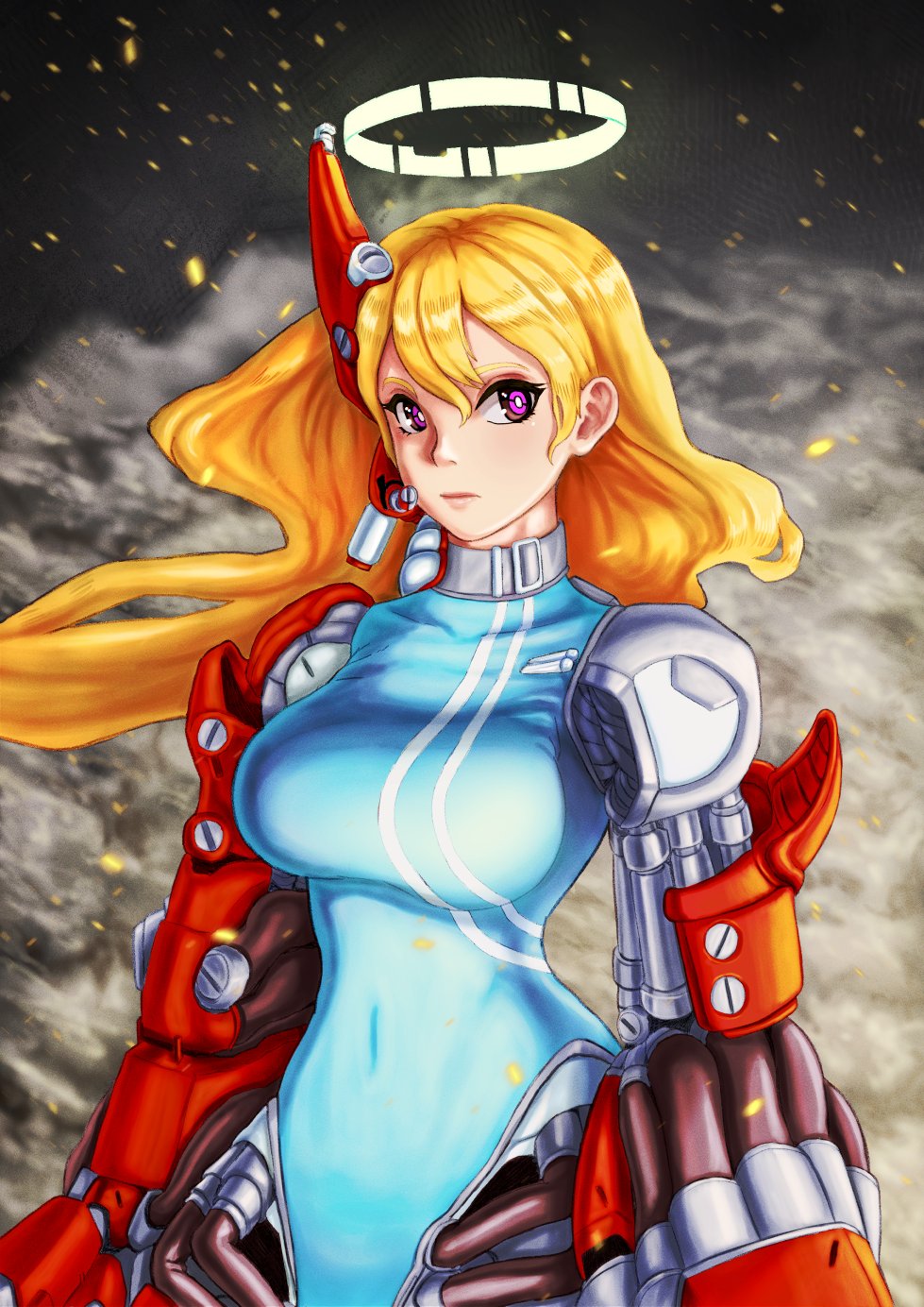 1girl arms_at_sides blonde_hair borrowed_character breasts bright_pupils china_dress chinese_clothes covered_navel cyberpunk cyborg dress embers halo highres joints large_breasts long_hair looking_at_viewer original oversized_limbs piston robot_joints scrson smoke solo violet_eyes white_pupils wind wind_lift