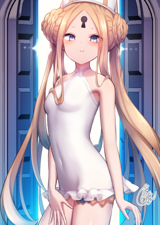 1girl abigail_williams_(fate/grand_order) abigail_williams_(swimsuit_foreigner)_(fate) backlighting bangs bare_arms bare_shoulders beni_shake blonde_hair blue_eyes blush braid breasts casual_one-piece_swimsuit closed_mouth commentary_request covered_navel double_bun fate/grand_order fate_(series) hat keyhole long_hair looking_at_viewer one-piece_swimsuit parted_bangs signature small_breasts smile solo swimsuit twintails very_long_hair white_headwear white_swimsuit