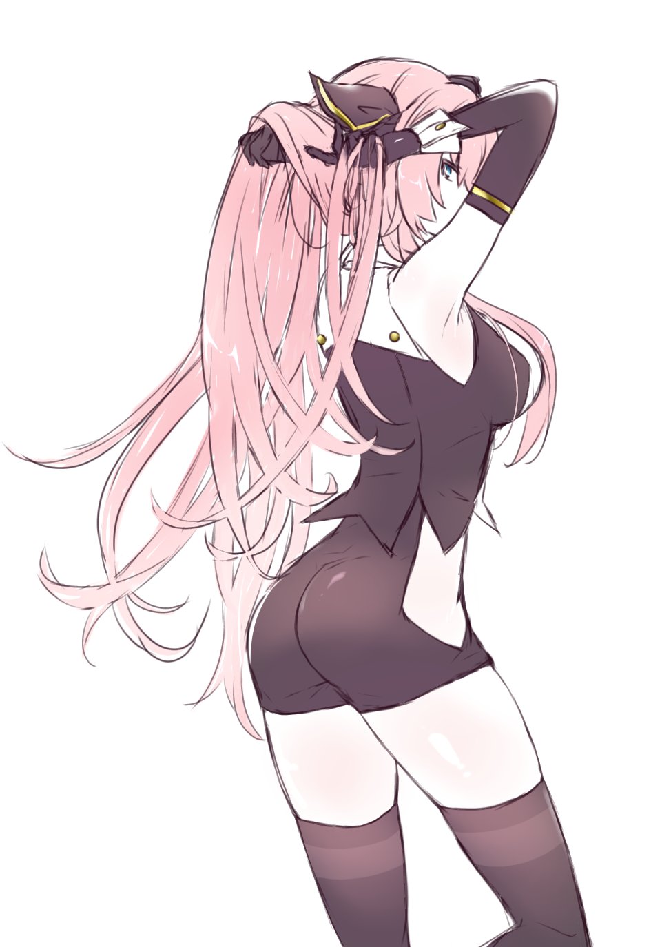 1girl adjusting_hair arms_up black_gloves black_legwear black_shirt black_shorts blue_eyes commentary cowboy_shot elbow_gloves from_behind gloves highres kkr_rkgk long_hair looking_at_viewer looking_back megurine_luka pink_hair ponytail project_diva_(series) shiny shiny_skin shirt shorts skindentation sleeveless sleeveless_shirt solo standing temptation_(module) thigh-highs very_long_hair vocaloid waist_cutout wrist_cuffs