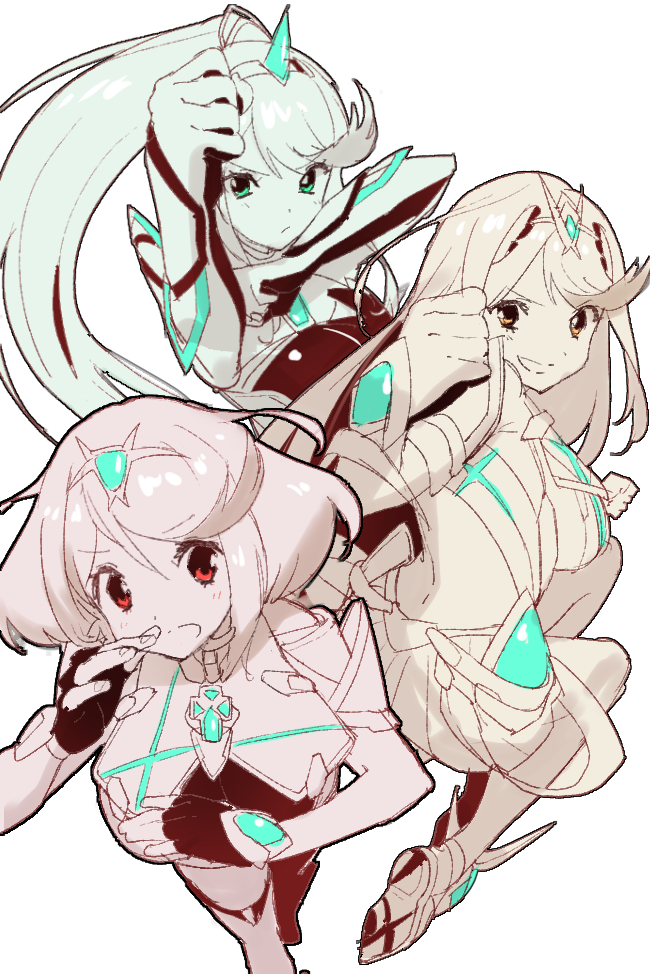 3girls clenched_hands fingerless_gloves from_above gloves green322 green_eyes mythra_(xenoblade) pyra_(xenoblade) long_hair looking_back looking_up multiple_girls photo-referenced pneuma_(xenoblade) ponytail red_eyes short_hair white_background xenoblade_(series) xenoblade_2 yellow_eyes